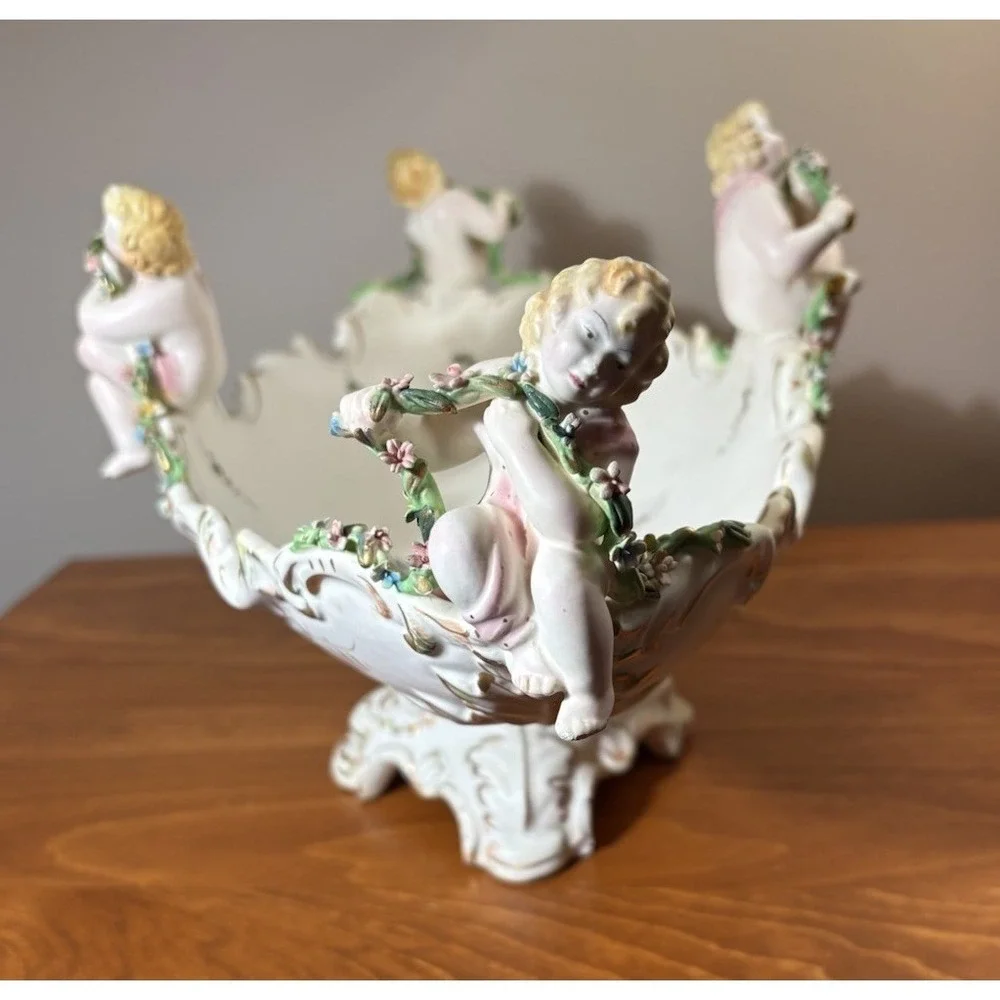 Vintage Capodimonte Italy Cherub Centerpiece Bowl Hand Painted Signed 20x10x9